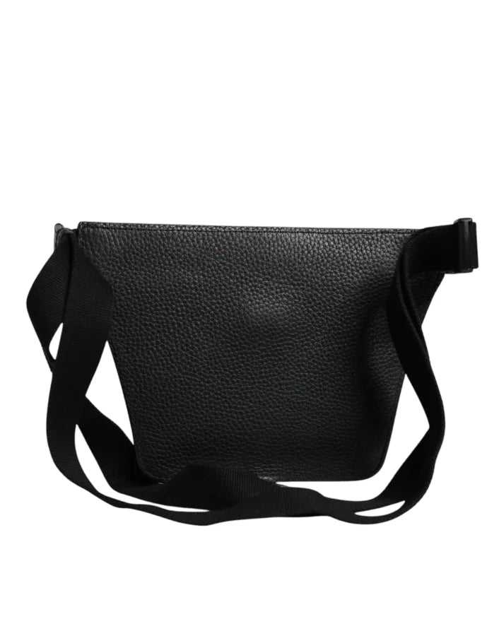 Dolce &amp; Gabbana Black Calfskin Logo Plaque Belt Waist Men Fanny Pack Bag