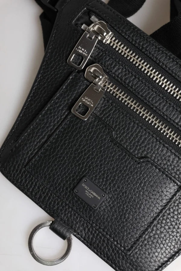 Dolce &amp; Gabbana Black Calfskin Logo Plaque Belt Waist Men Fanny Pack Bag