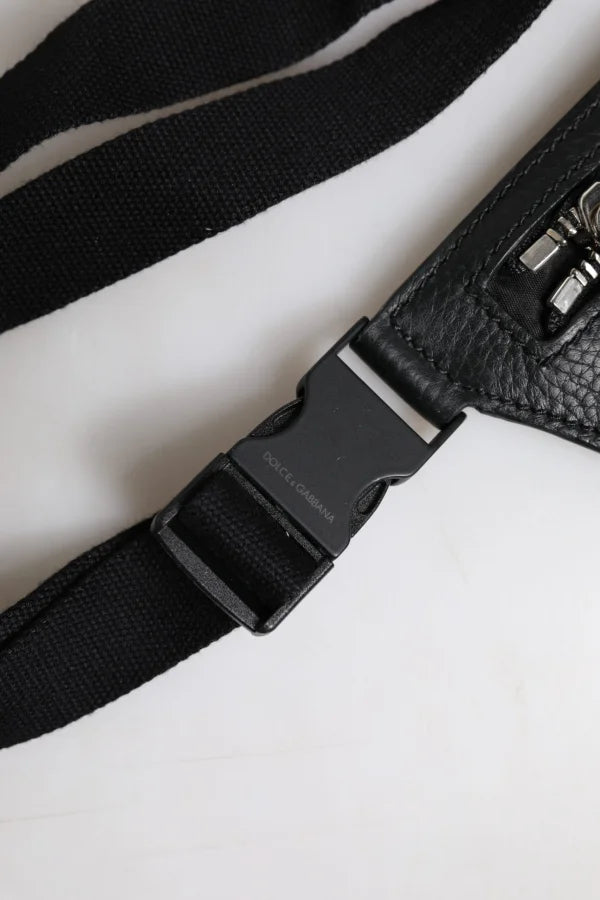 Dolce &amp; Gabbana Black Calfskin Logo Plaque Belt Waist Men Fanny Pack Bag
