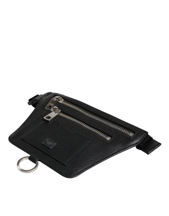 Dolce &amp; Gabbana Black Calfskin Logo Plaque Belt Waist Men Fanny Pack Bag
