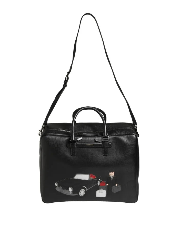 Dolce & Gabbana Black Car Man Applique Leather Weekender Borse Bag