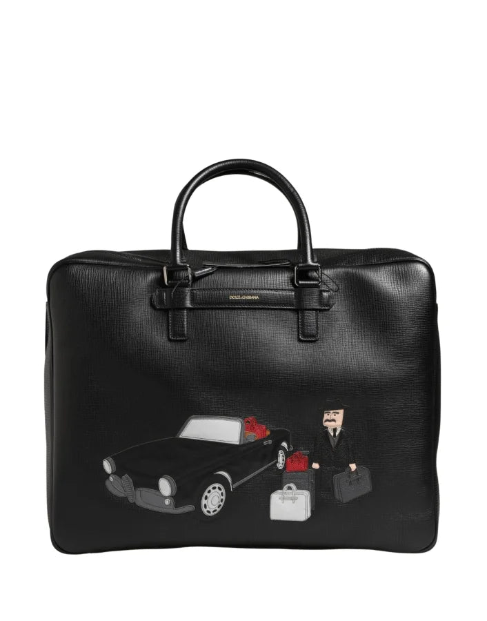 Dolce & Gabbana Black Car Man Applique Leather Weekender Borse Bag