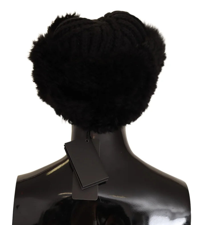 Dolce & Gabbana Black Cashmere Fur Women Beanie Hat