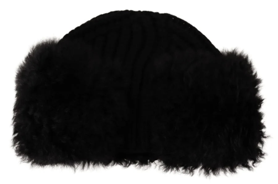 Dolce & Gabbana Black Cashmere Fur Women Beanie Hat