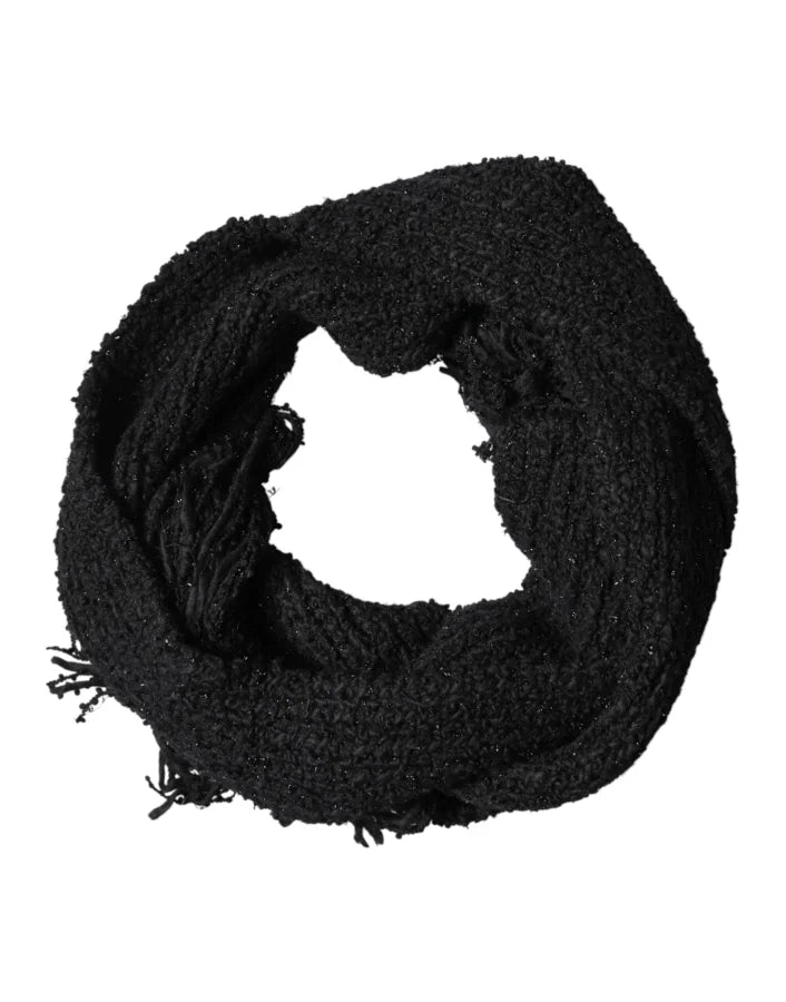 Dolce & Gabbana Black Cashmere Knit Shawl Fringes Scarf