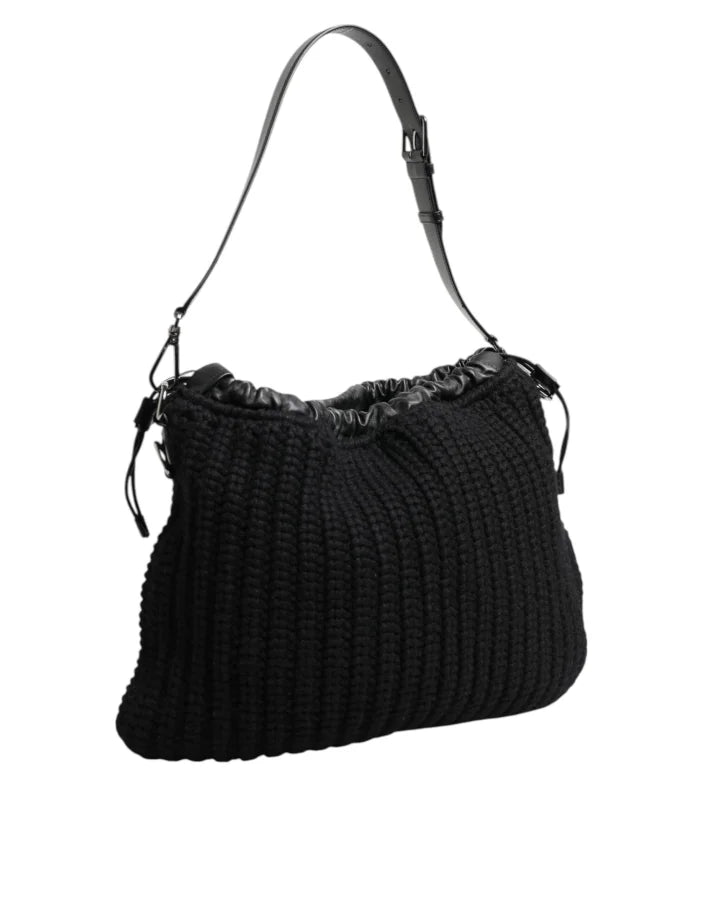 Dolce & Gabbana Black Cashmere Knitted Leather Shoulder Women Borse Bag