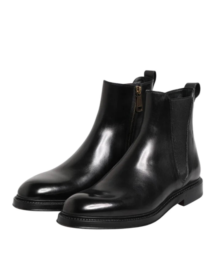 Dolce & Gabbana Black Chelsea Leather Mid Calf Boots Shoes