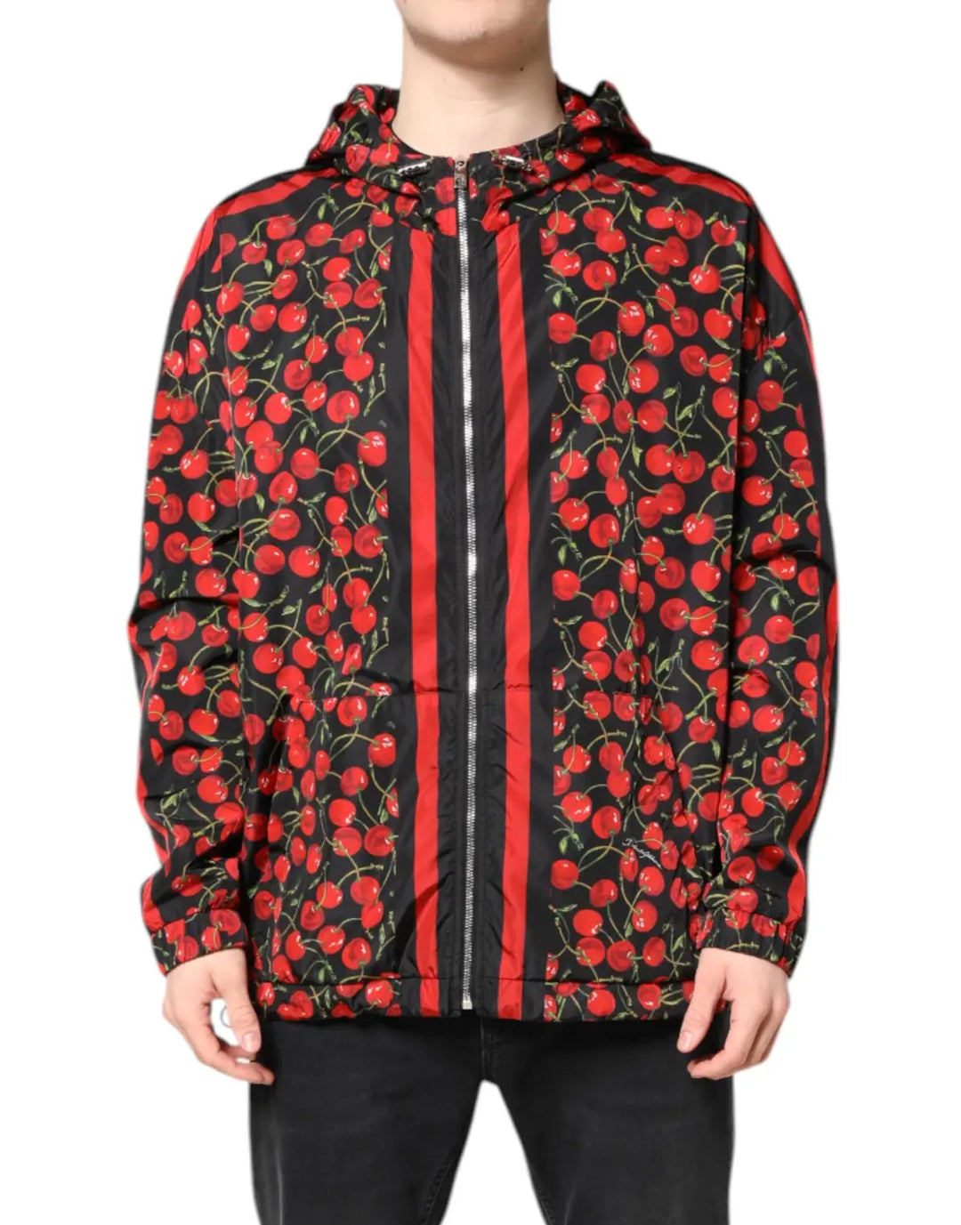 Dolce &amp; Gabbana Black Cherry Print Hooded Windbreaker Jacket