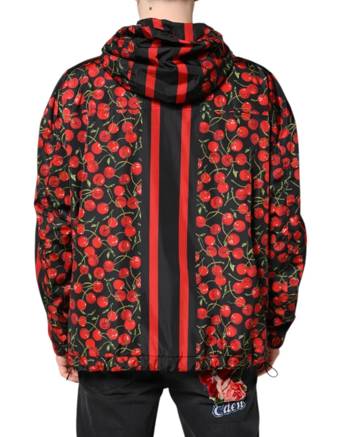 Dolce & Gabbana Black Cherry Print Hooded Windbreaker Jacket