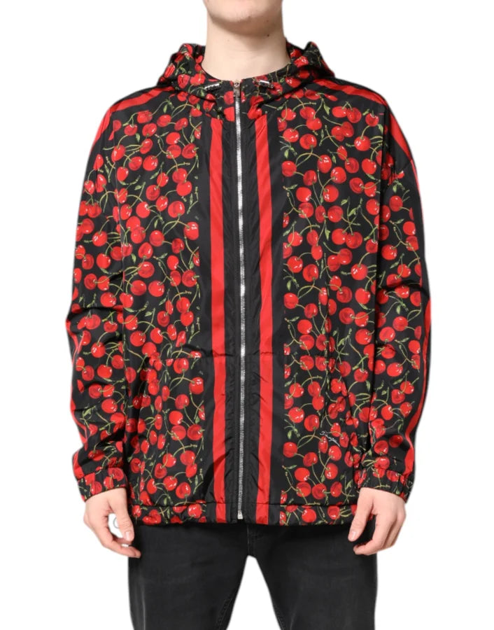 Dolce & Gabbana Black Cherry Print Hooded Windbreaker Jacket