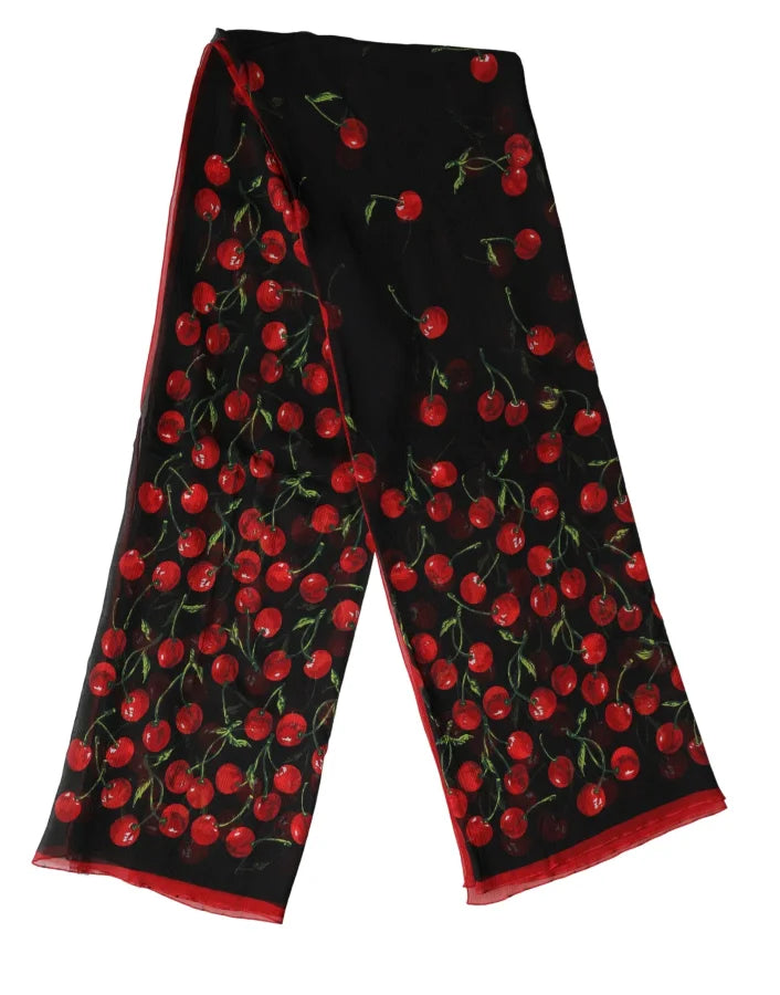 Dolce & Gabbana Black Cherry Print Silk Shawl Stole 190cm x 122cm Scarf