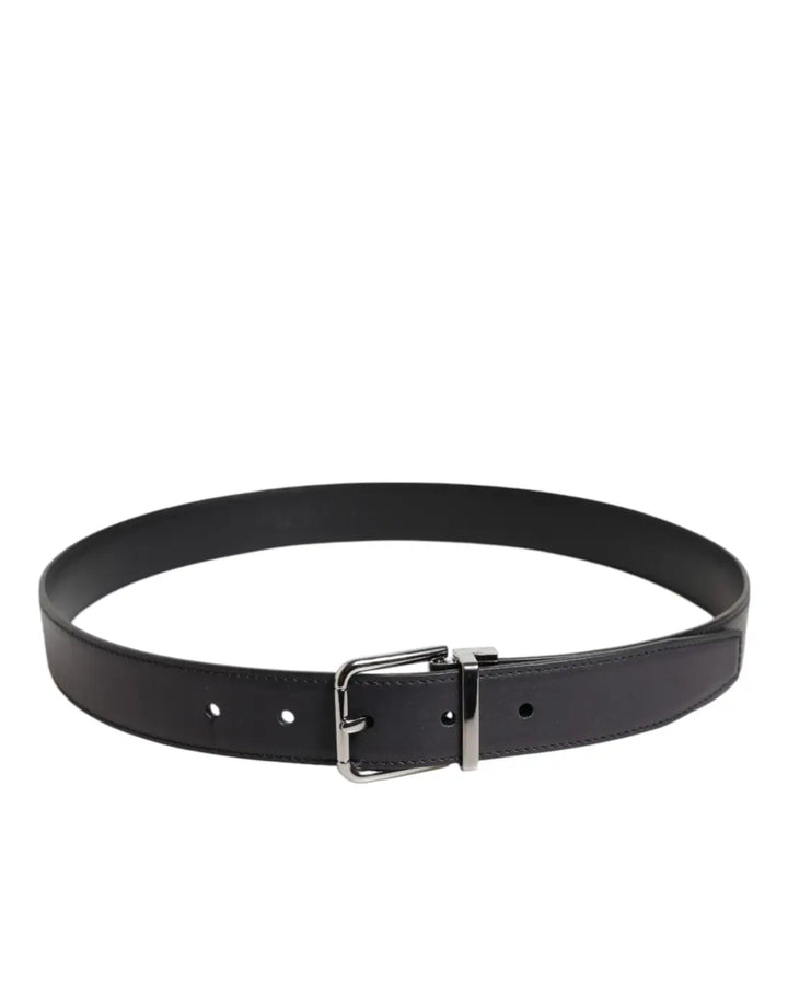 Dolce &amp; Gabbana Black Classic Calf Leather Silver Buckle Belt