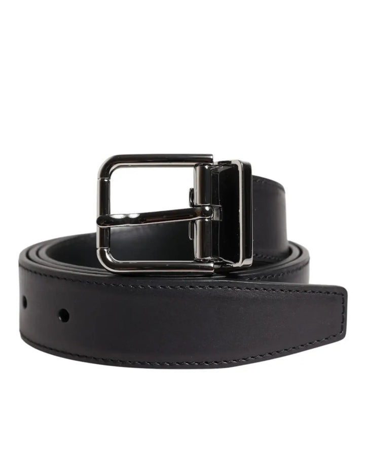 Dolce &amp; Gabbana Black Classic Calf Leather Silver Buckle Belt