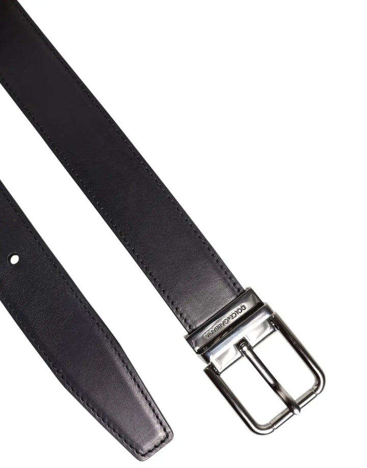 Dolce &amp; Gabbana Black Classic Calf Leather Silver Buckle Belt