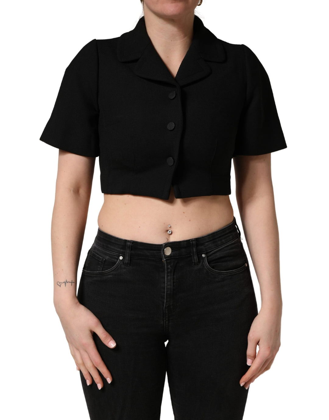 Dolce &amp; Gabbana Blouses - Women’s Black Collared Short Sleeves Cropped Blouse Top