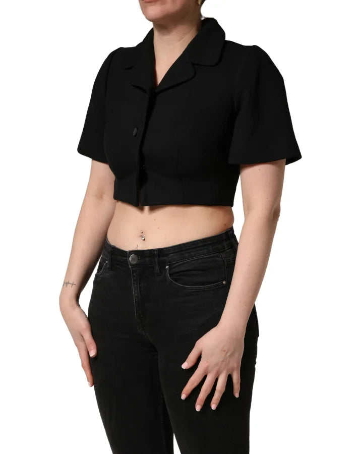 Dolce &amp; Gabbana Black Collared Short Sleeves Cropped Blouse Top