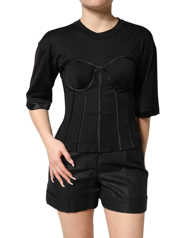 Dolce &amp; Gabbana T-Shirts - Black Cotton Bustier Corset Short Sleeves T-shirt