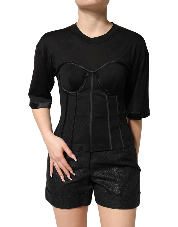 Dolce &amp; Gabbana T-Shirts - Black Cotton Bustier Corset Short Sleeves T-shirt
