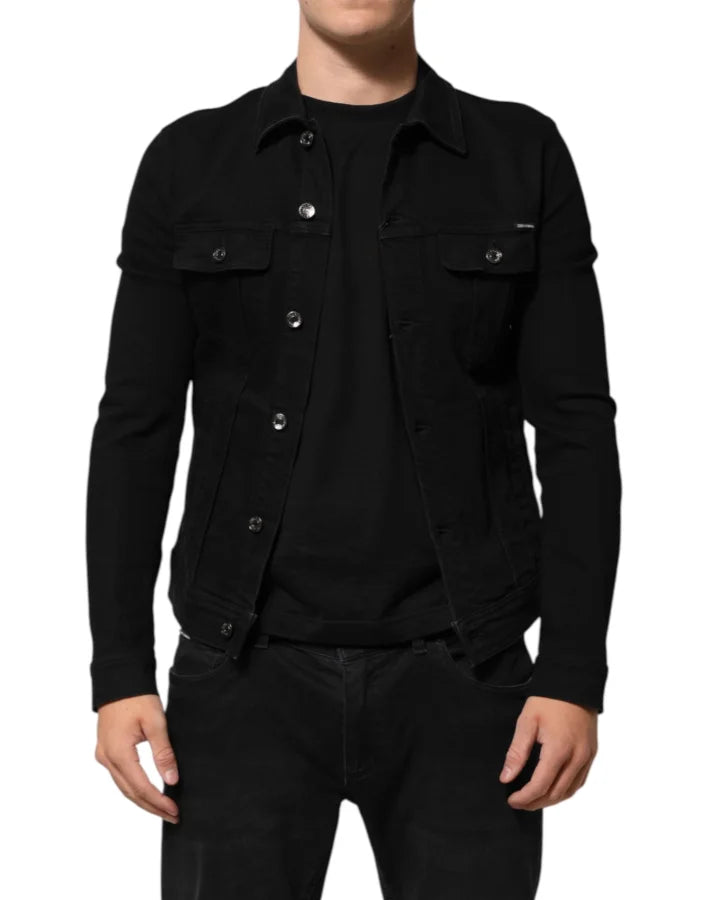 Dolce & Gabbana Black Cotton Denim Stretch Button Up Jacket