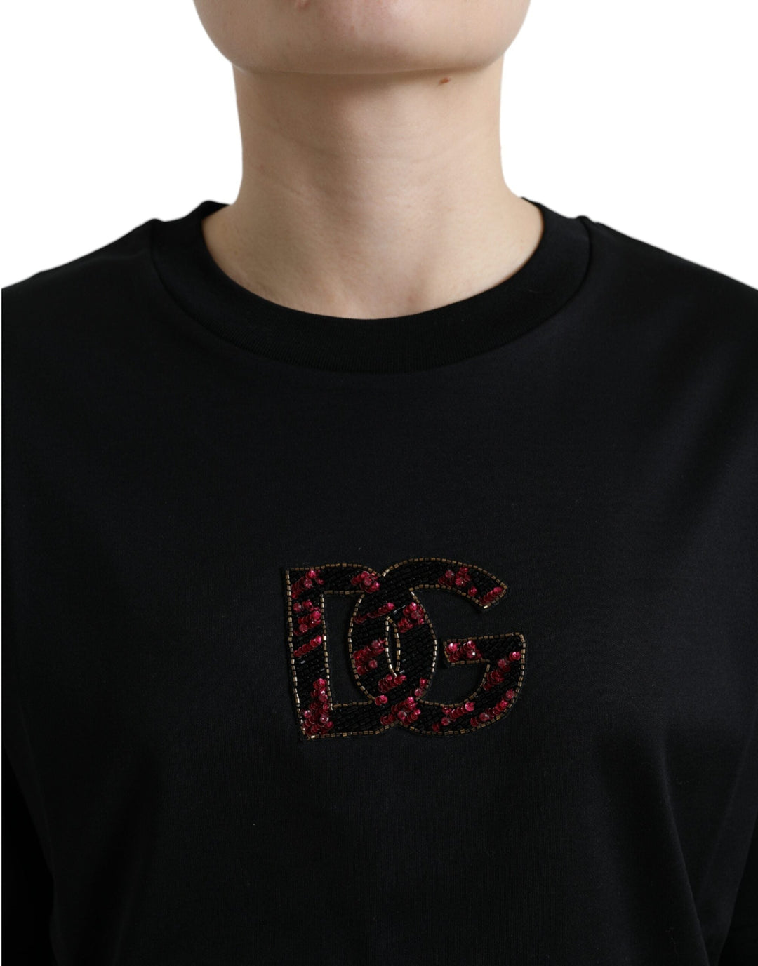 Dolce &amp; Gabbana - Black Cotton DG Crystal Crewneck Tee T-shirt