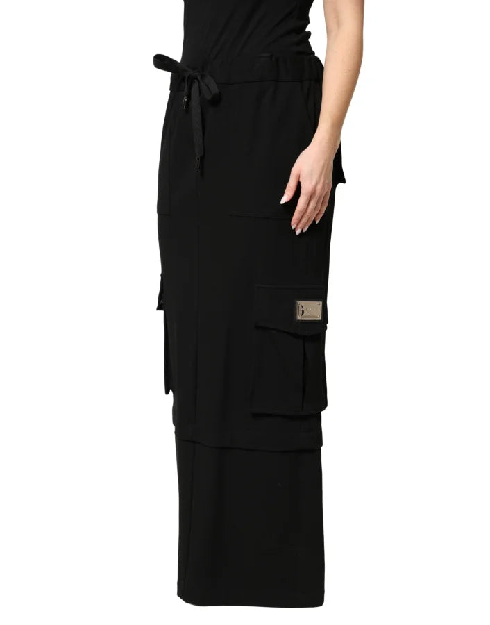 Dolce & Gabbana Black Cotton Drawstring Long Maxi Cargo Skirt