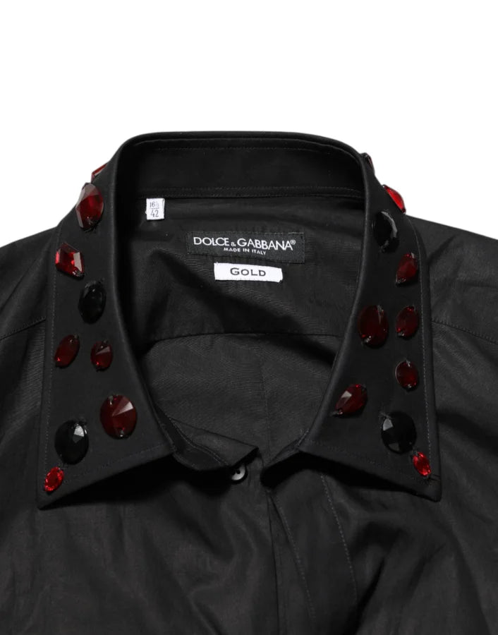 Dolce & Gabbana Black Cotton Embellished Collar Men’s Shirt