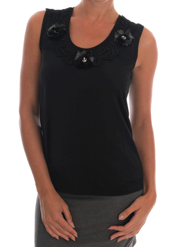 Dolce & Gabbana Tank Tops - Black Cotton Floral Crystal Top