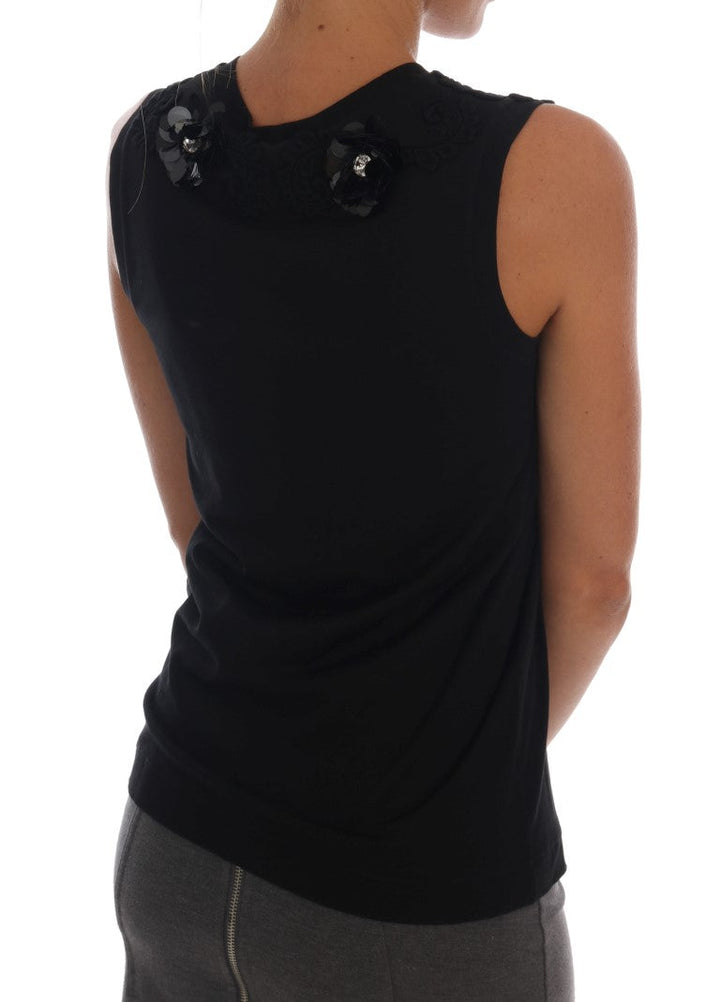 Dolce &amp; Gabbana Tank Tops - Black Cotton Floral Crystal Top