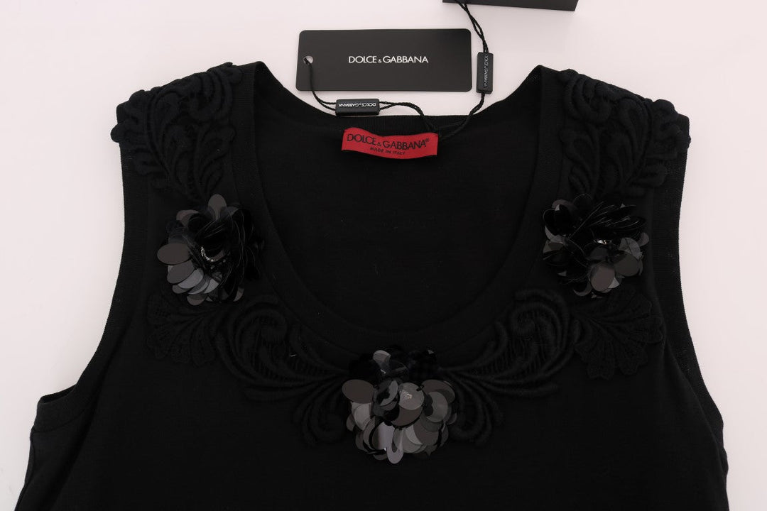 Dolce &amp; Gabbana Tank Tops - Black Cotton Floral Crystal Top