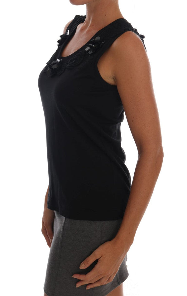 Dolce & Gabbana Tank Tops - Black Cotton Floral Crystal Top