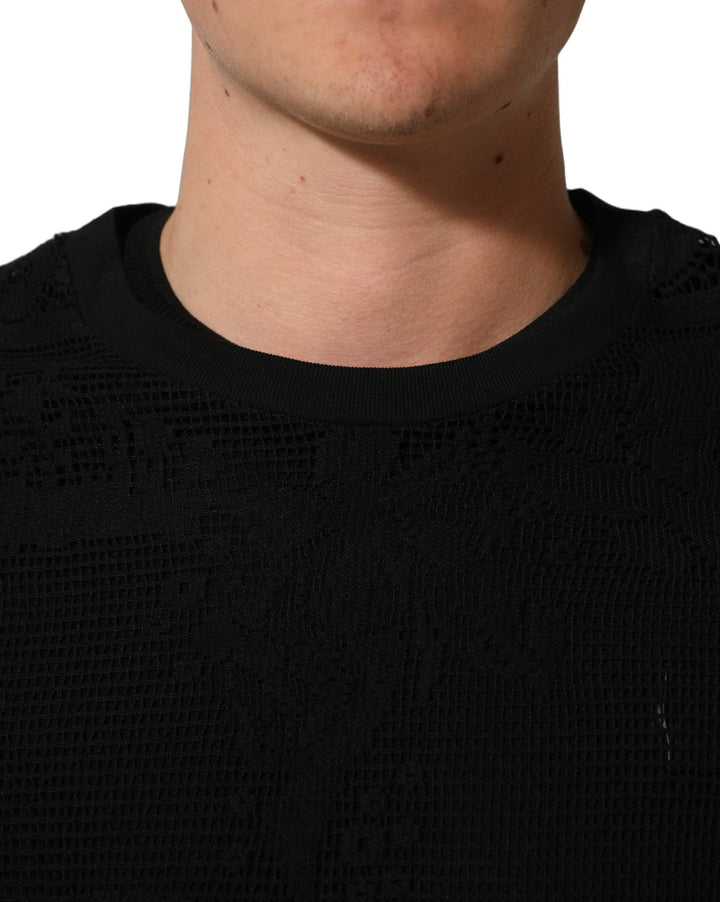 Dolce &amp; Gabbana Black Cotton Floral Lace Crew Neck T-shirt