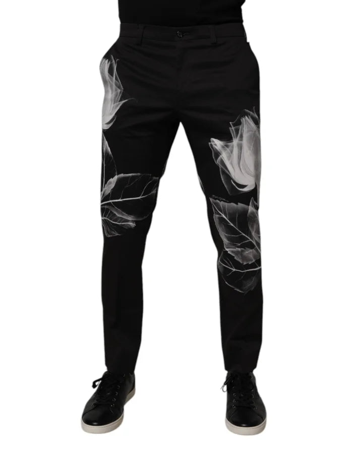 Dolce & Gabbana Black Cotton Floral Skinny Dress Pants