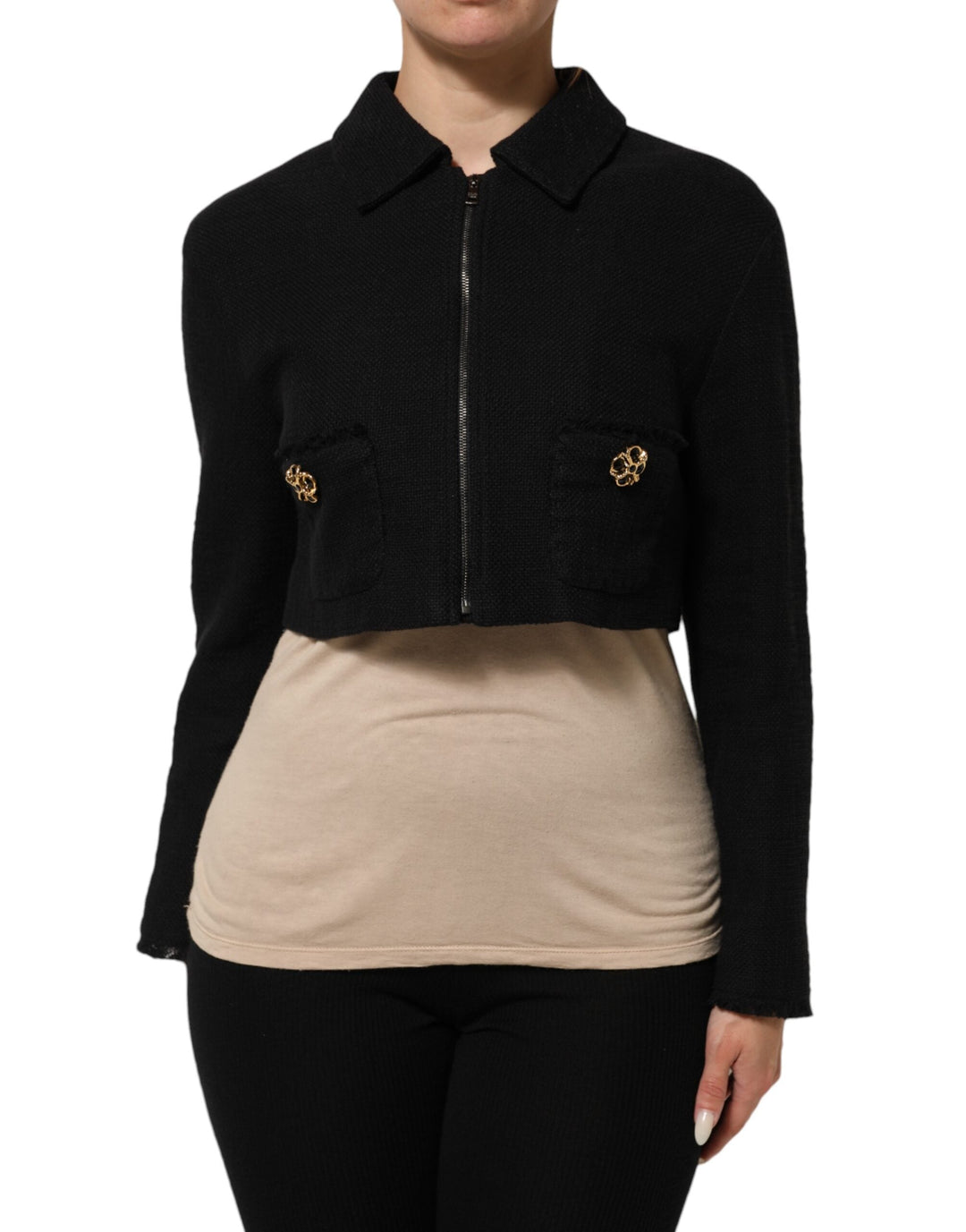 Dolce &amp; Gabbana Track Jackets - Black Cotton Full Zip Cropped Coat Jacket