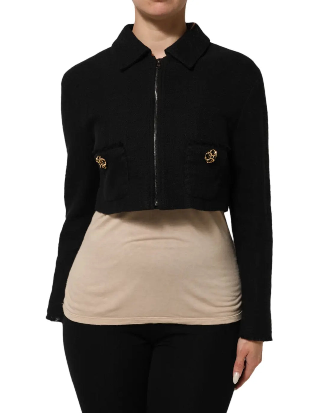 Dolce &amp; Gabbana Black Cotton Full Zip Cropped Coat Jacket