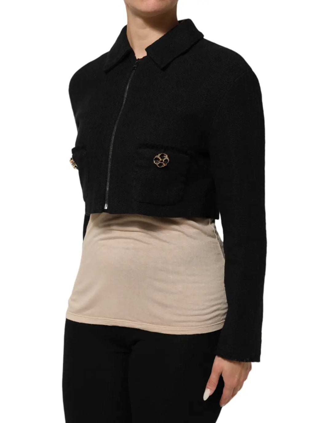 Dolce &amp; Gabbana Black Cotton Full Zip Cropped Coat Jacket
