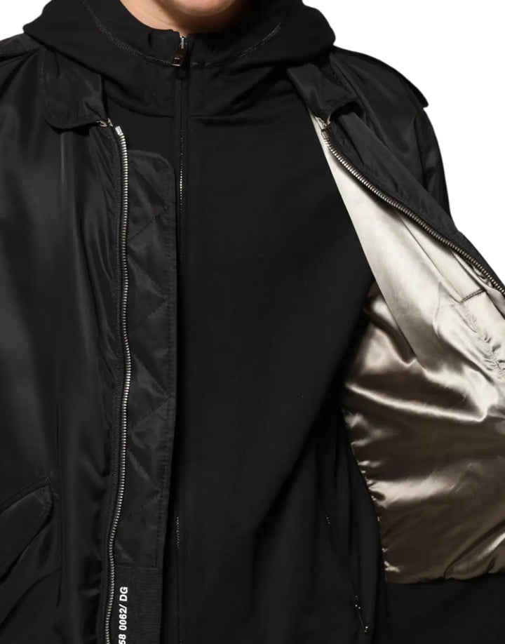 Dolce &amp; Gabbana Black Cotton Hooded Full Zip Bomber Jacket