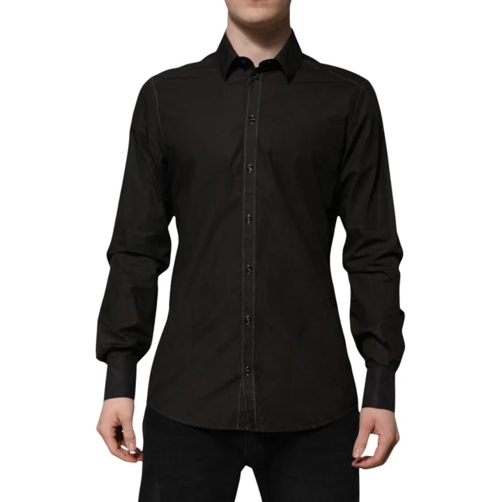 Dolce & Gabbana Black Cotton Jacquard GOLD Collar Dress Shirt