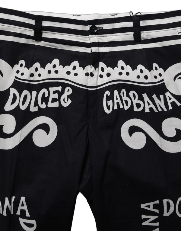 Dolce & Gabbana Black Cotton Poplin Marinaprint Trouser Pants