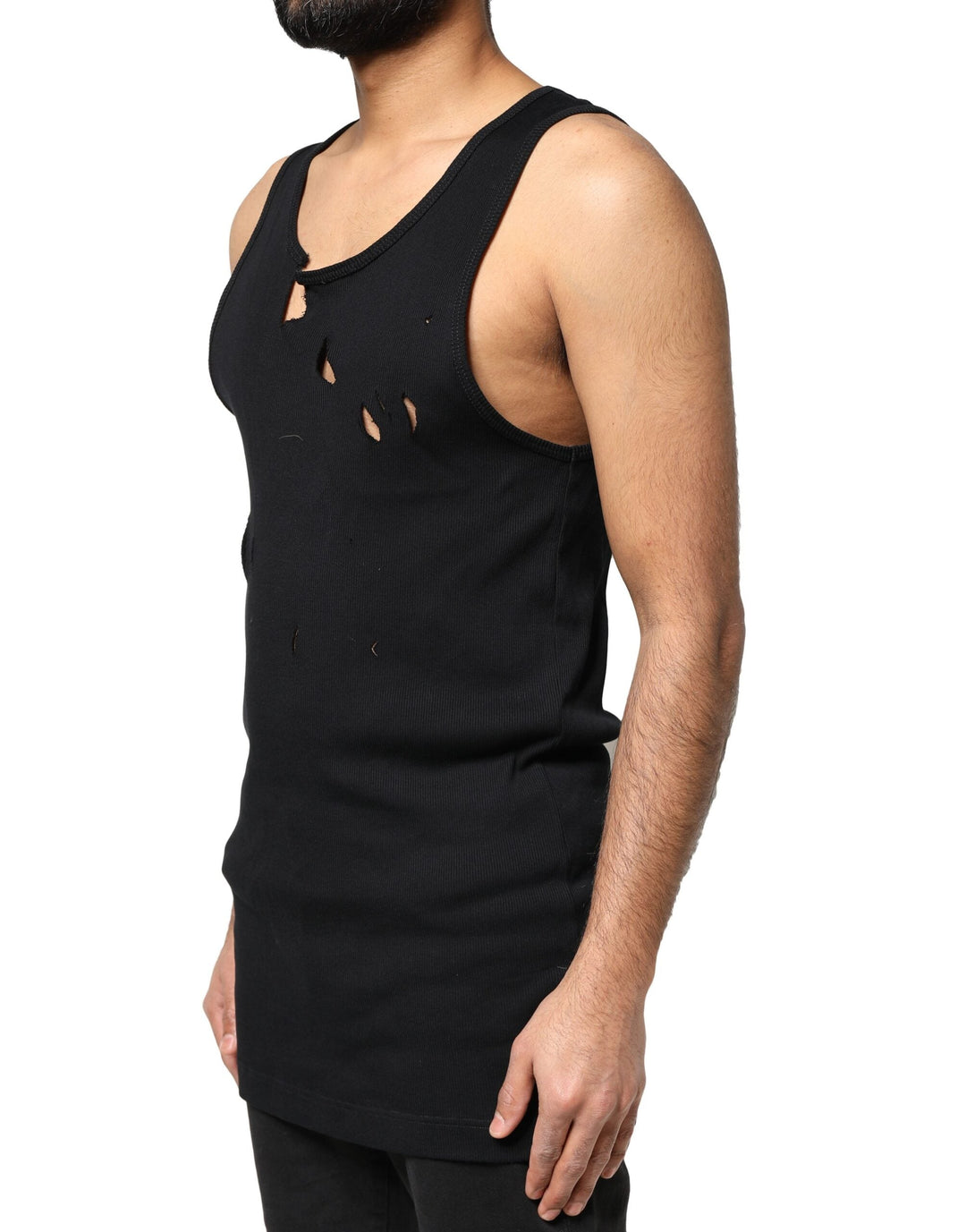 Dolce &amp; Gabbana Black Cotton Rip Style Sleeveless Men Tank T-shirt