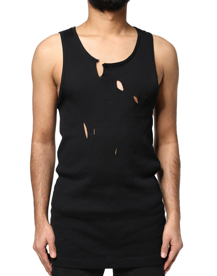 Dolce &amp; Gabbana Black Cotton Rip Style Sleeveless Men Tank T-shirt