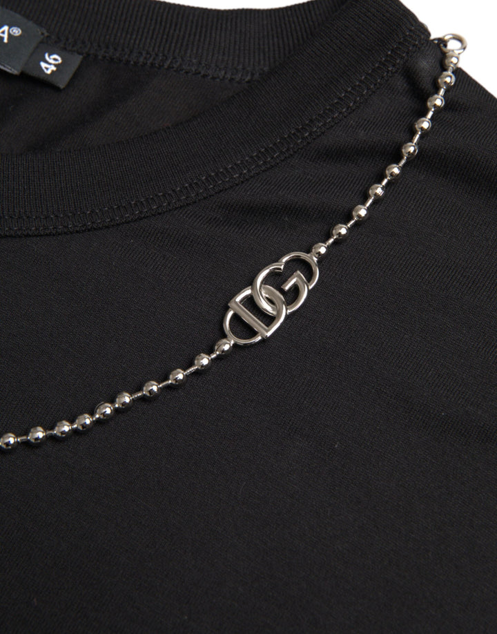 Dolce &amp; Gabbana Black Cotton Silver Chain Short Sleeve T-shirt