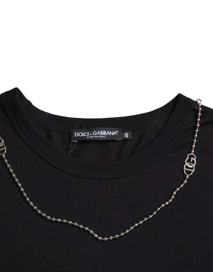 Dolce &amp; Gabbana Black Cotton Silver Chain Short Sleeve T-shirt