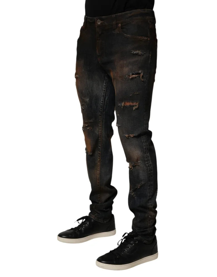 Dolce &amp; Gabbana Black Cotton Skinny Tattered Men Denim Jeans