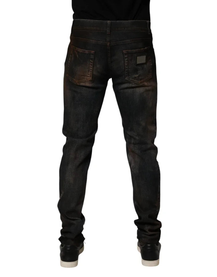 Dolce &amp; Gabbana Black Cotton Skinny Tattered Men Denim Jeans