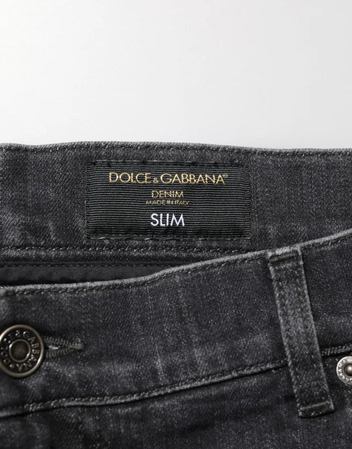 Dolce &amp; Gabbana Black Cotton Slim Fit Distressed Ripped Logo Jeans
