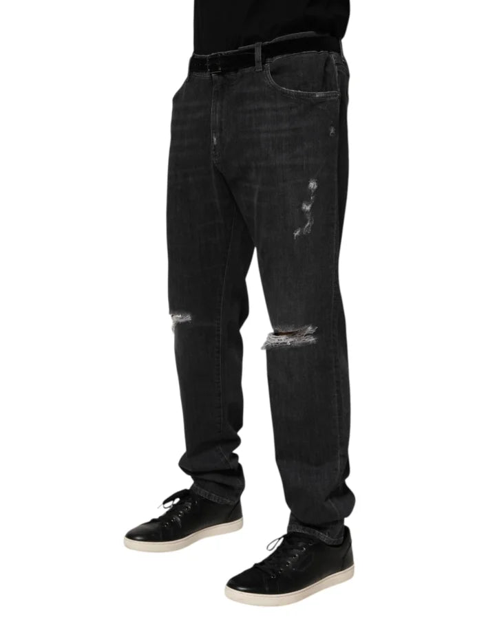 Dolce &amp; Gabbana Black Cotton Slim Fit Distressed Ripped Logo Jeans