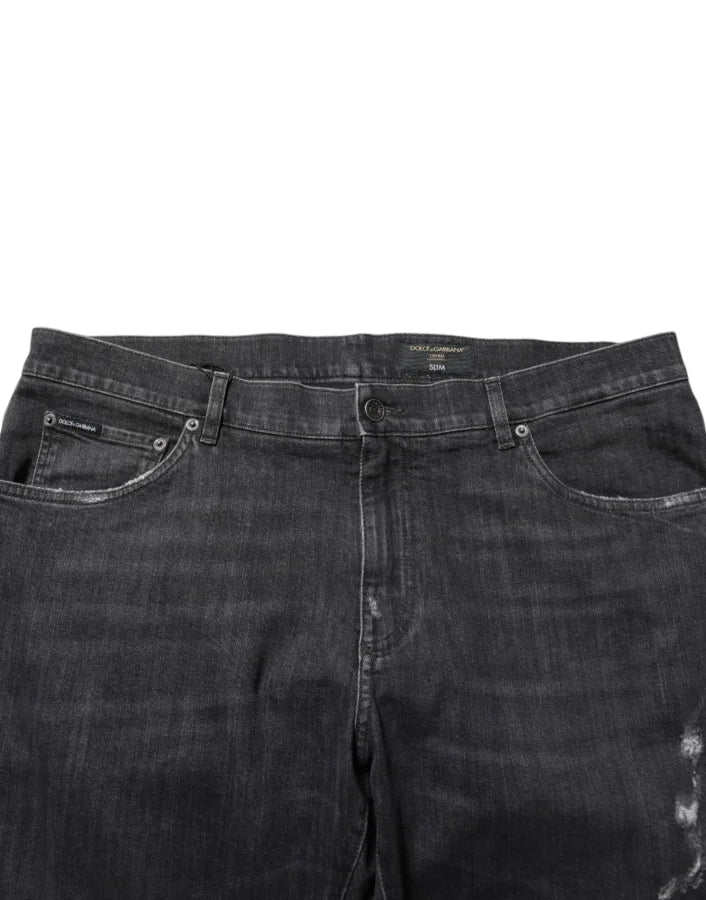 Dolce &amp; Gabbana Black Cotton Slim Fit Distressed Ripped Logo Jeans