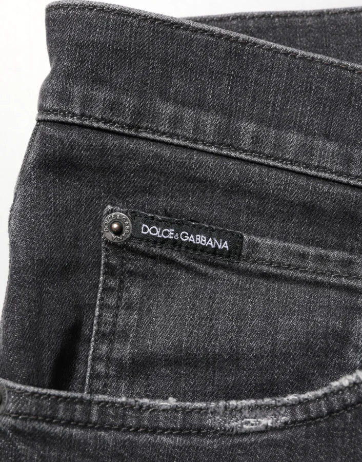 Dolce &amp; Gabbana Black Cotton Slim Fit Distressed Ripped Logo Jeans