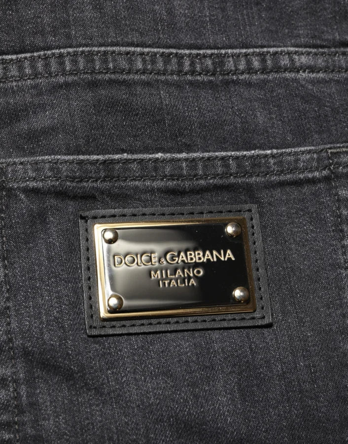Dolce &amp; Gabbana Black Cotton Slim Fit Distressed Ripped Logo Jeans