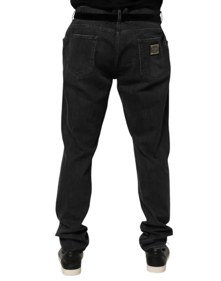 Dolce &amp; Gabbana Black Cotton Slim Fit Distressed Ripped Logo Jeans